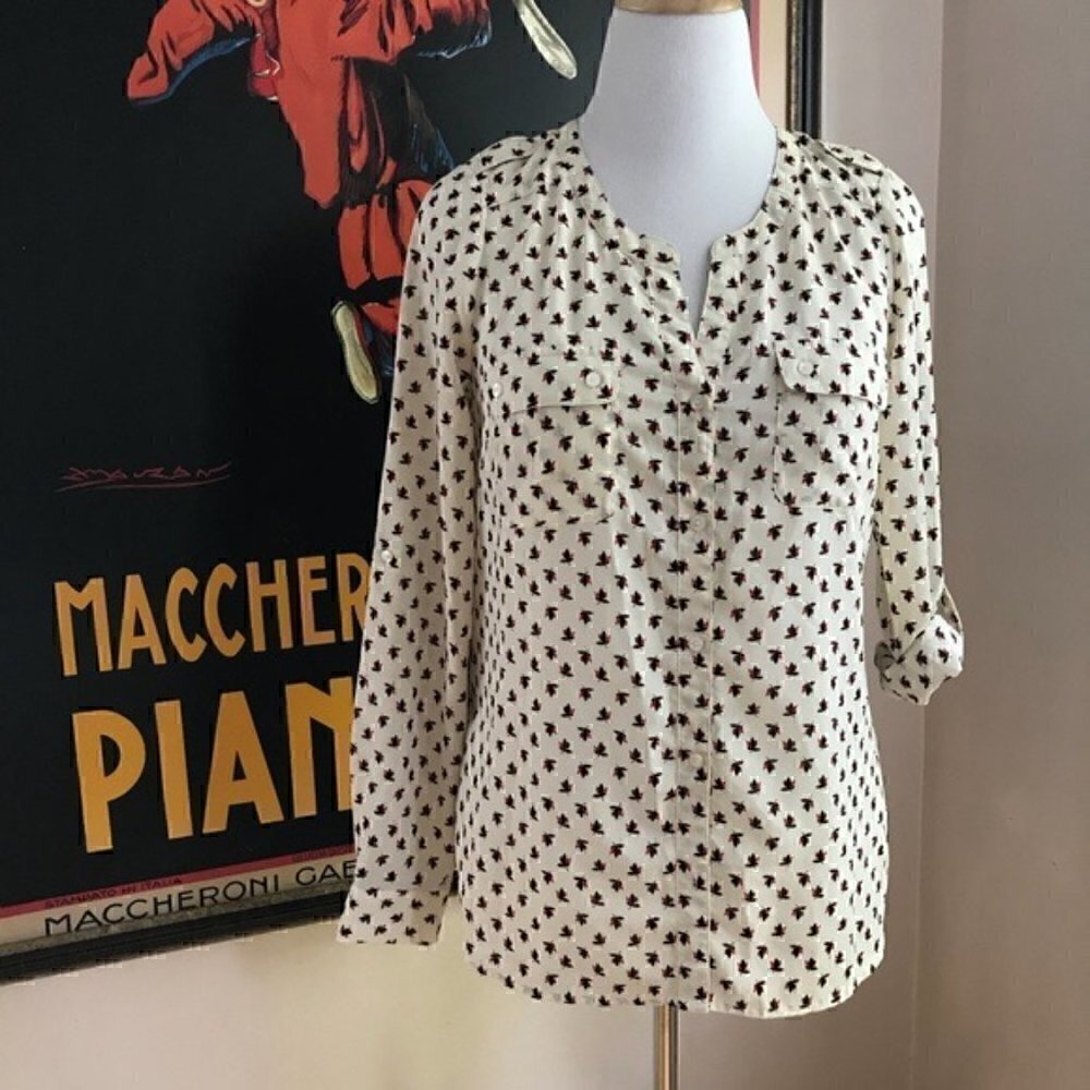 Daniel Rainn Button Up Blouse Size M Red Black Cream Floral Career Office Work